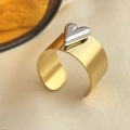 Adjustable wide band ring in two-tone 18K gold and silver heart-shaped design - Gold Wide Band with Silver Heart Ring