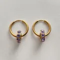 Gold plated stainless steel hoop earrings with February purple birthstone pendant - Gold (XER0131) / February Violet