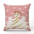 Rosa Weihnachts-Kissenhülle mit Rentier und weißen Bäumen auf festlichem Leinen - Rosa Weihnachtsbaum Schneeflocke Muster