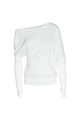 Detail of white asymmetric off-shoulder knit sweater with ribbed cuffs and hem design - S / White