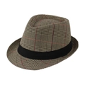 Beige plaid jazz fedora hat with a classic black ribbon band for men and women - Adult Size (Approx 58cm) / Stripe-Apricot Yellow