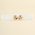 Close-up of a white elastic wide belt with a gold metal bow buckle and PU leather ends - White