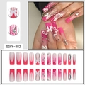 French pink gradient press-on nails with white bows, glitter, and floral accents - Rose Pink Glitter Bow Flower Style (SGCY-382)