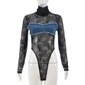 Body sexy en dentelle noire avec patchwork en jean, manches longues et col montant - S / Noir