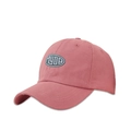 Detailed close-up of MYDB embroidery on a brick red cotton baseball cap with twill texture - Adjustable / Deep Pink