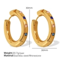 30mm golden stainless steel hoop earrings with colorful inlaid rhinestones - Multicolor Zirconia (EH282)