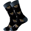 Detail von Strick-Socken mit Leopardenmuster und dunkelgrauem Kontrast an Ferse und Zeh - 39-45 / Leopardenkopf