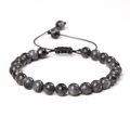 Adjustable dark gray natural stone bead bracelet with black braided woven cord - Flash Stone (Labradorite)