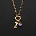 Gold-plated stainless steel necklace featuring letter I and purple zircon pendant - Letter I Style (Steel) / Silver