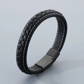 Men's double-layer black leather bracelet with white stitching and matte magnetic clasp - Black Magnetic Buckle Style (KB54082-D)