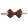 Close-up of brown crochet bow on soft elastic nylon headband for babies and girls - Brown (8)