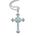 Close-up of hip hop cross pendant with green and white cubic zirconia stones on silver chain - With 60cm Chain / Platinum Green