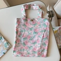 Detailed view of floral cotton tote bag with pink roses and gold button closure - Pink Rose(T-40)