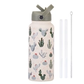 Cream sports water bottle with green cactus print, includes straws and cleaning brush - Ivory White 23E