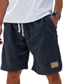 Detail of navy linen casual shorts featuring adjustable drawstring waist and fabric texture - Aqua
