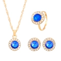 Golden jewelry set featuring blue gemstone necklace, ring and earrings with halo rhinestones - KC Gold Blue Style (A-768)