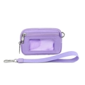 Dettaglio della mini pochette in nylon viola con finestra per documenti e cinturino - Viola con Tasca Trasparente