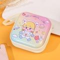 Square pink-blue gradient tin coin purse with astronaut bear design and wrist strap - Aviation Girl