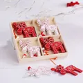 Wooden Christmas reindeer hanging ornaments set in classic red and white colors - Deer - 12Pcs Box