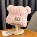 Pink plush trapper hat with cute bear ears and stylish R letter patch for winter warmth - Violence Bear-Pink