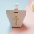 Detail van wit kruis geschenkdoos met gouden lint handvat en metalen gesp - 10*6*6cm / Witte Accessoires