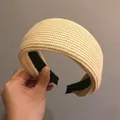 Chunky beige knitted wide headband with ribbed texture and black anti-slip lining - Beige