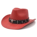 Vibrant red western straw cowboy hat with a metallic bull head and rivet decoration - M(56-58cm) / Red