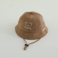 Chapeau bob en velours côtelé marron pour bébé avec broderie ours et mentonnière - 48-50cm (1-2 ans) / Style Lucky / Kaki