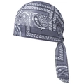 Detail of grey paisley stretch bandana with classic white patterns and long tail straps - One Size / Light Grey Paisley