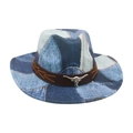 Blue patchwork denim cowboy hat with a brown band and silver bull head emblem - One Size / Light Blue (Denim White Bull)