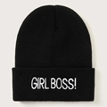 Classic black knitted beanie with Girl Boss embroidery and a cuffed design for winter wear - One Size / Embroidered GIRL BOSS Black