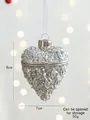 Silver glitter heart Christmas ornament with crystal beads and white ribbon hanger - Gift Jewelry Box Ornament