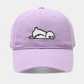 Close-up of lavender cotton baseball cap featuring a cute embroidered lazy duck - Adjustable / Light Purple