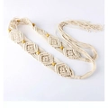 Beige hand-woven cotton rope belt for dresses with wooden beads and tassel ends - White