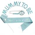 Blue Mommy To Be party set featuring rhinestone headband, crown pin and glitter sash - One Size / Lake Blue Mummy To Be 3-Piece Set