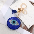 Blue Evil Eye keychain with crystal heart, gold chain and dark blue tassel pendant - Dark Blue Pointy Eye Gold Clasp