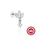 S925 sterling silver leaf earring with a dangling white round cubic zirconia stone - #9 Platinum Gold-Single