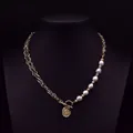 Elegant asymmetrical necklace with white pearls and gold embossed coin pendant - Baroque Irregular Pearl Necklace (Style 8)