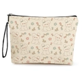 Pochette trucchi con stampa di coniglio e fiori in tela con cerniera nera - Simpatico Motivo a Coniglietto e Fiori (款式1) / 17*25cm (Lino) con Cinturino