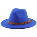 Classic royal blue wool fedora hat with a stylish brown faux leather belt buckle accent - Sapphire Blue