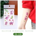 Glittery purple dinosaur temporary tattoos for kids with tropical elements and arm display - EG-120 (Glitter Dinosaur)