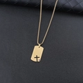 Gold stainless steel dog tag necklace with hollow cross and blue zircon on black leather - Gold + 60cm Gold Chain / Blue Rhinestone