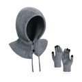 Grey knitted balaclava with drawstring and matching touch-screen gloves with anti-slip grip - Gray