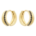 Macro detail of gold huggie hoop earrings with pave-set deep blue round gemstones - Gold Plated Blue Zirconia
