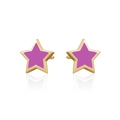 Detailed view of gold star stud earrings featuring vibrant purple enamel inlay and crystals - Purple Enamel Star Stud Earrings