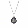 Macro detail of blue sandstone teardrop pendant with golden tree of life engraving - Blue Sandstone With Stainless Steel Chain