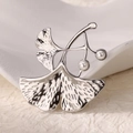 Silver ginkgo leaf brooch with white pearls and artistic textured metallic finish - Silver Ginkgo Leaf Pearl Brooch