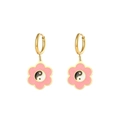 Detail view of pink flower earrings with yin yang center on 18K gold plated hoops - Pink Flower Yin Yang Earrings
