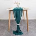 Elegant dark green chiffon table runner with decorative white ribbon for wedding decor - Malachite green