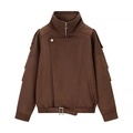 Women's dark brown faux suede jacket with stand collar, zipper and waist belt detail - S / Coffee